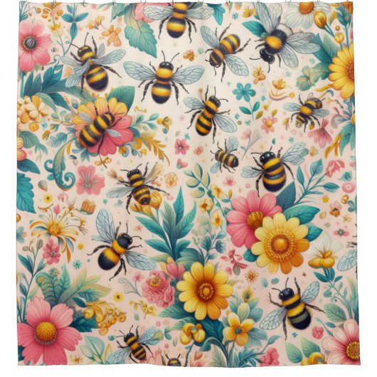 Buzzing Blooms Douchegordijn (Voorkant)