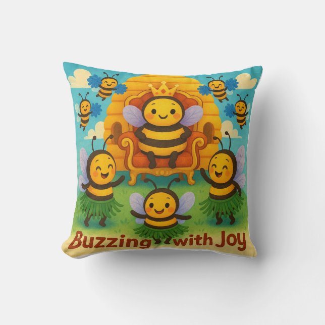 Buzzing with Joy – Schattigee bijenkoninkrijksvier Kussen (Voorkant)