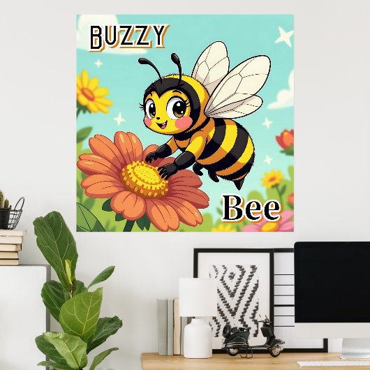 Buzzy Bee | Schattigee Cartoon Kind Nursery Art Poster (Thuiskantoor)