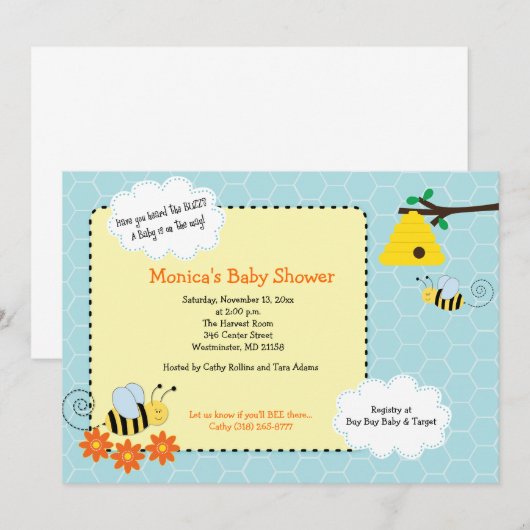 Buzzy Bijen Bumble Bee Baby shower Invitation Kaart (Voorkant / Achterkant)