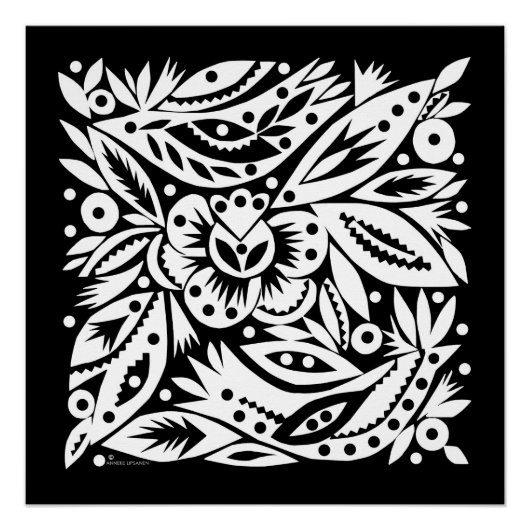 BW Bird Art Cutouts Poster - Negatief Afbeelding (Voorkant)