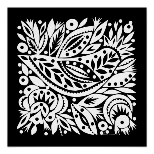 BW Bird Art Cutouts Poster - Negatief Afbeelding (Voorkant)