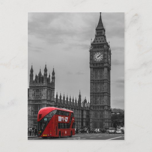BW Black & White London Red Bus & Big Ben Briefkaart (Voorkant)
