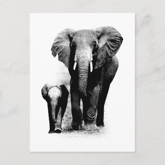 BW Elephant & Baby Elephant Briefkaart (Voorkant)