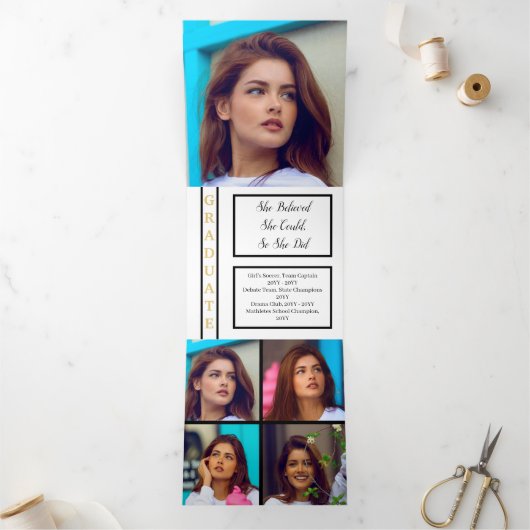 BW | Gold Elegant Classy 8 Foto Afstuderen Drieluik Aankondiging (Binnen)