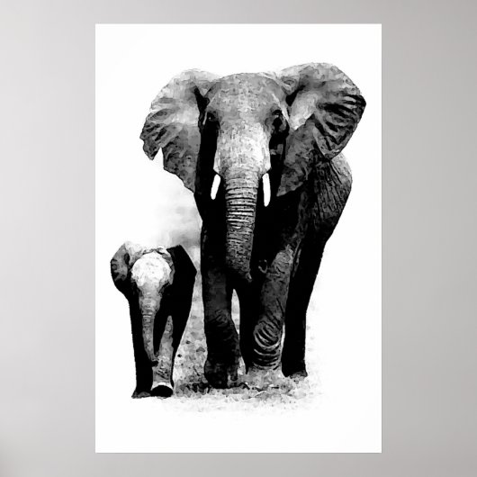 BW Olifant & Baby Olifant Poster (Voorkant)