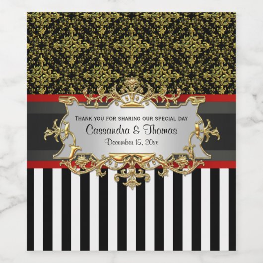 BW V Stripe, Black Gold Damask Wine Flaconetiket Wijn Etiket (Enkel label)