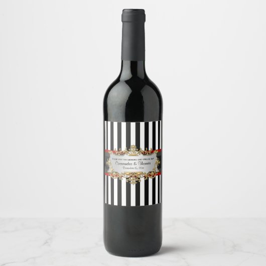 BW V Stripe Black Red Ribbon Wine Flaconetiket Wijn Etiket (Voorkant)
