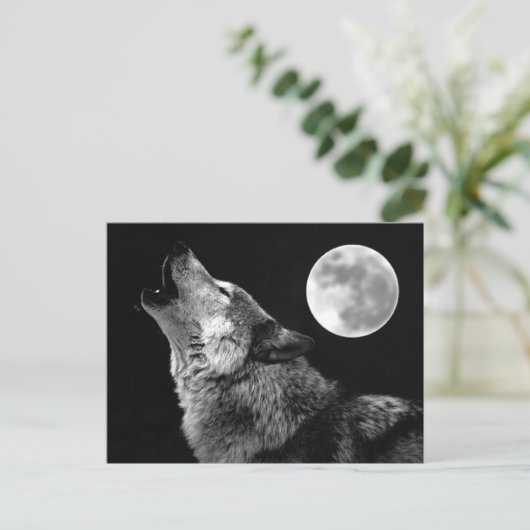 BW Wolf Howling bij Moon Briefkaart (Staand voorkant)