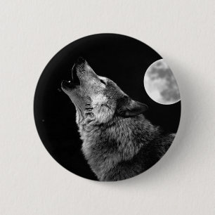BW Wolf Howling bij Moon Ronde Button 5,7 Cm