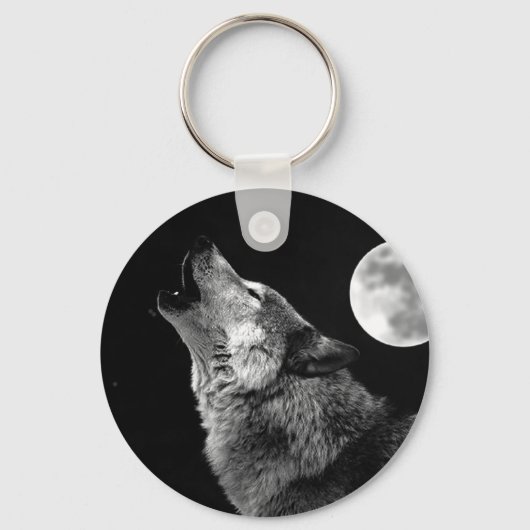 BW Wolf Howling bij Moon Sleutelhanger (Voorkant)