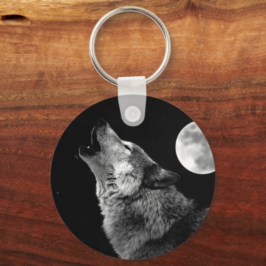 BW Wolf Howling bij Moon Sleutelhanger (Voorkant)