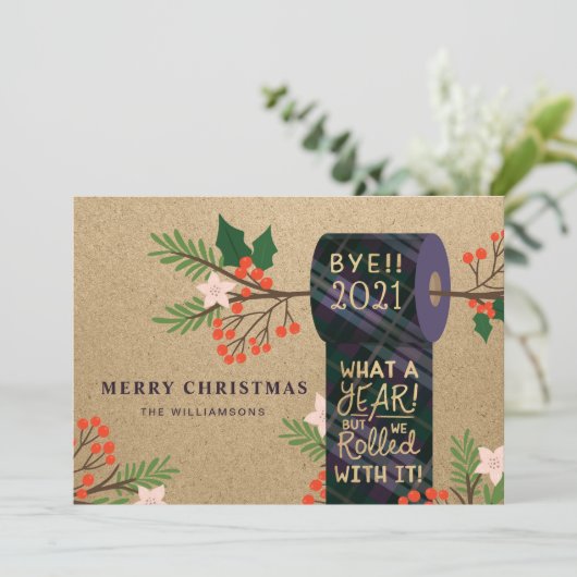 Bye 2020 we rolden met het geruite toiletpapier ro feestdagenkaart (Staand voorkant)