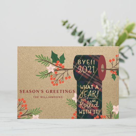 Bye 2020 we rolden met het geruite toiletpapier ro feestdagenkaart (Staand voorkant)
