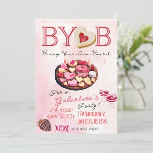 BYOB Charcuterie Board Galentine's Party Uitnodige Kaart (Staand voorkant)
