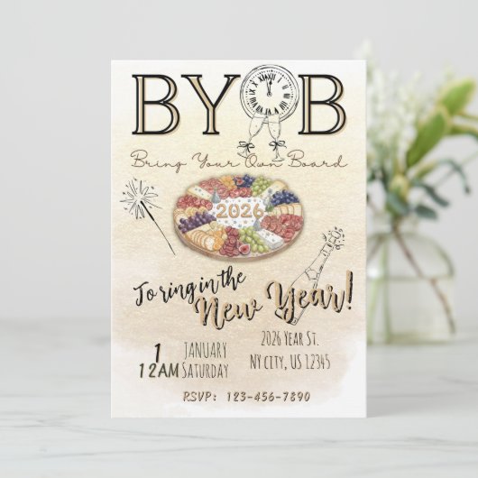 BYOB Charcuterie Board New Years Eve Party Invite Kaart (Staand voorkant)