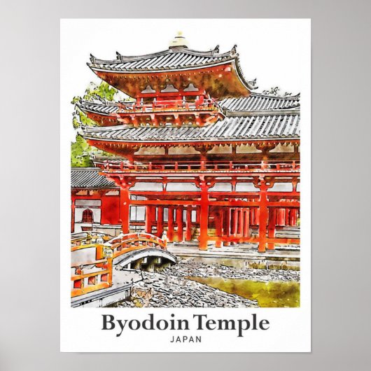 Byodoin Temple Japan Travel Waterverf met de hand  Poster (Voorkant)