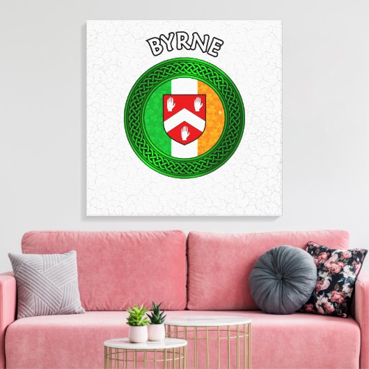 Byrne Crest & Celtic Knot op Shamrock Canvas Afdruk (Insitu (Woonkamer))