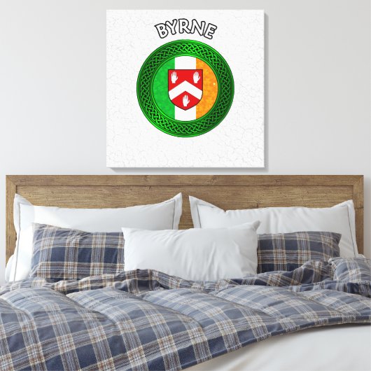 Byrne Crest & Celtic Knot op Shamrock Canvas Afdruk (Insitu (Slaapkamer))