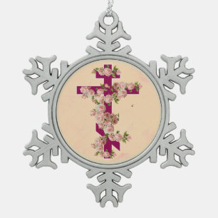 Byzantijns-Orthodox Oosters Ritu Kruis Roze Rozen Tin Sneeuwvlok Ornament