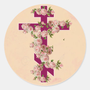 Byzantijns-orthodoxe oosterse ritus kruis roze roz ronde sticker