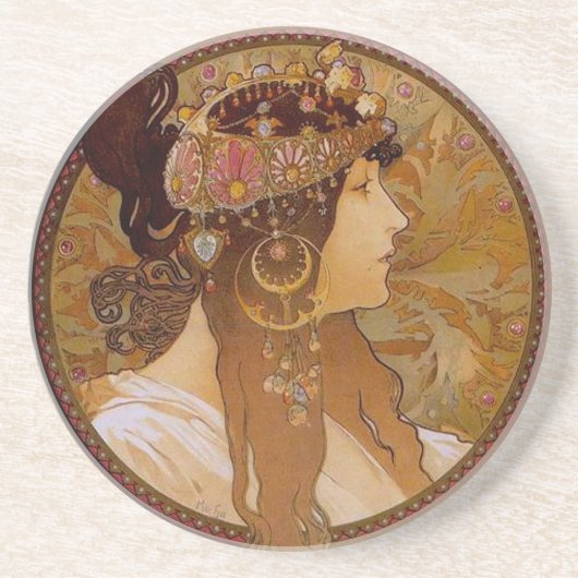 Byzantine Brunette, Mucha Zandsteen Onderzetter (Voorkant)