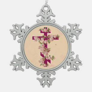 Byzantine Orthodox Eastern Rite Cross Roze Rozen Tin Sneeuwvlok Ornament
