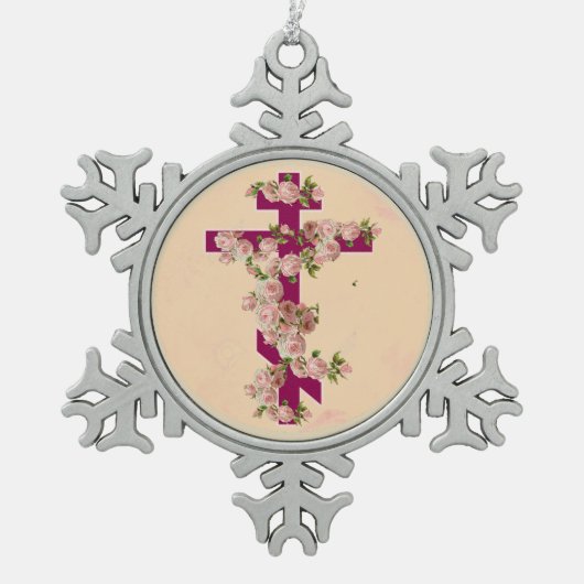 Byzantine Orthodox Eastern Rite Cross Roze Rozen Tin Sneeuwvlok Ornament (Voorkant)