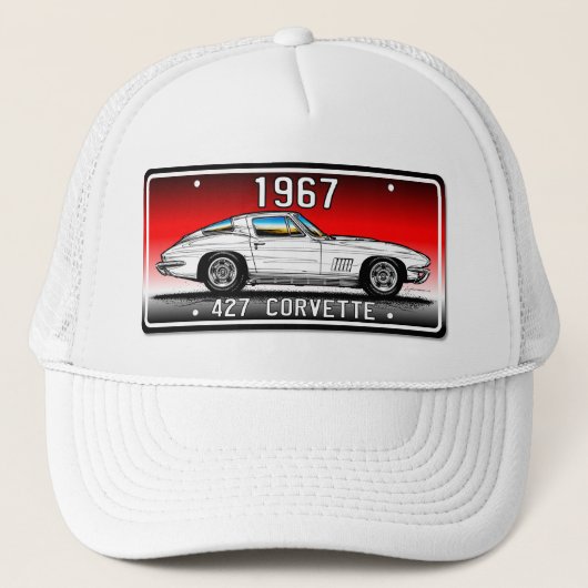C2 1967 Corvette Licentie Bord Art-Red Background Trucker Pet (Voorkant)