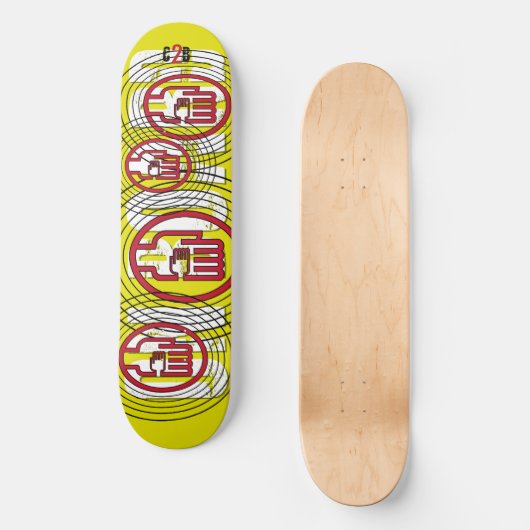 C2B: AAN BOORD 8 1/2" geel skateboard dek (Voorkant)