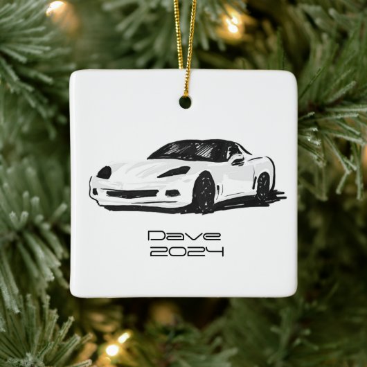 C6 Corvette Sportwagen Witte Hand getrokken Schets Keramisch Ornament (Boom)
