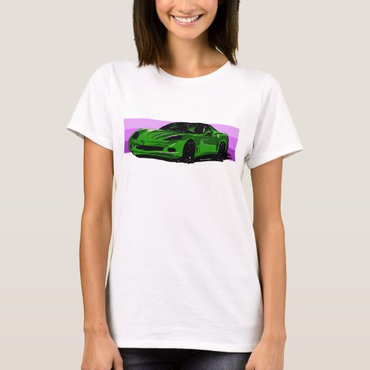 C6 Heldergroene Corvette Sportscar Roze Streep T-shirt (Voorkant)