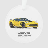 C7 Corvette Sportwagen Gele Hand getrokken Schets Ornament (voorkant)