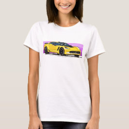 C7 Gele Corvette Sportscar met Roze Streep T-shirt