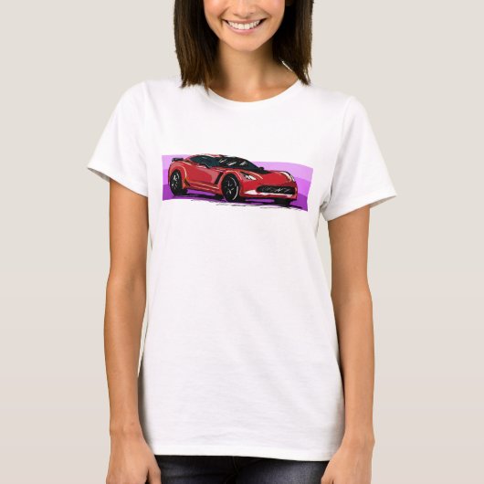 C7 Red Corvette Sportscar met Roze Streep T-shirt (Voorkant)