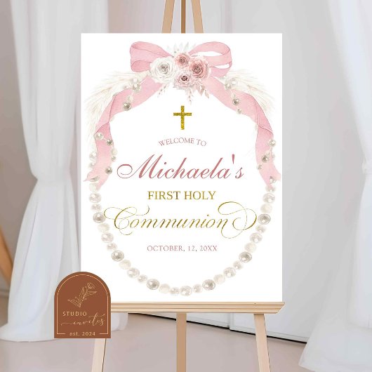 C83 Parel Roze Boho Eerste Heilige Communie Welkom Poster