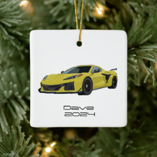 C8 Corvette Sports Car Yellow Hand Drawn Keramisch Ornament