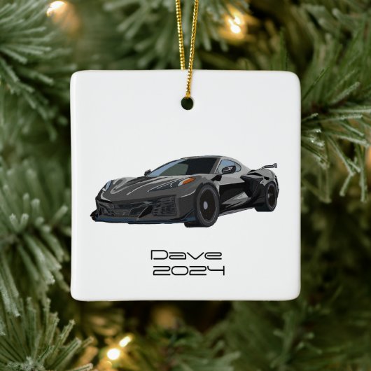 C8 Corvette Sportwagen Donkergrijs Hand getekend Keramisch Ornament (Boom)