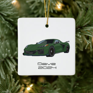 C8 Corvette Sportwagen Donkergroen Hand getrokken Keramisch Ornament