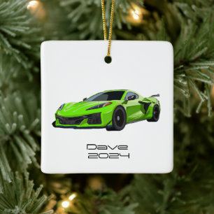 C8 Corvette Sportwagen Lime Groene Hand Getrokken Keramisch Ornament