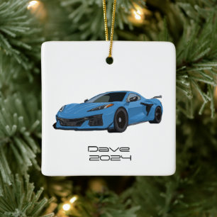 C8 Corvette Sportwagen Rapid Blauw Hand getrokken Keramisch Ornament