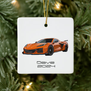C8 Corvette Sportwagen Sinaasappel Hand getrokken Keramisch Ornament