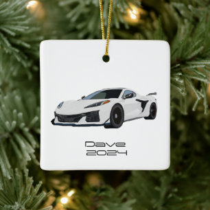 C8 Corvette Sportwagen Witte Hand getrokken Keramisch Ornament