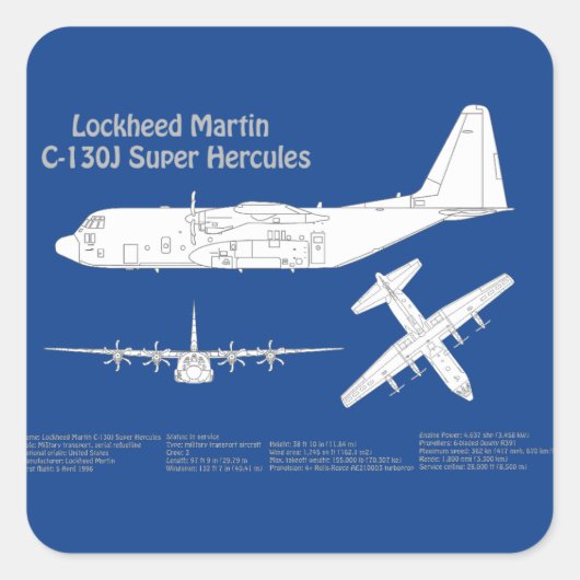 C-130 Hercules - Vliegtuigblauwdruk plannen ABD Vierkante Sticker (Voorkant)