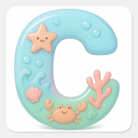 "C" Cute Bubble Letter - Underwater Sea Creature A Vierkante Sticker (Voorkant)