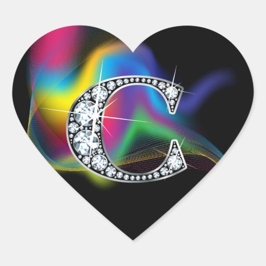 "C" Diamond Bling on Rainbow Swirl Heart Sticker (Voorkant)