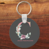 C Floral Monogram Name Letters Roze Agate Sleutelh Sleutelhanger (Voorkant)