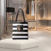C Gold Floral Monogram | Zwarte witte gouden strep Tote Bag