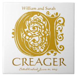 C Gold Monogram op White - Names Wedding Date Tege Tegeltje