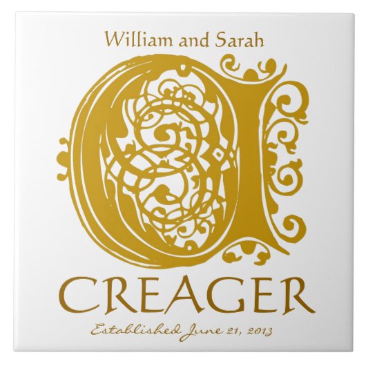 C Gold Monogram op White - Names Wedding Date Tege Tegeltje (Voorkant)